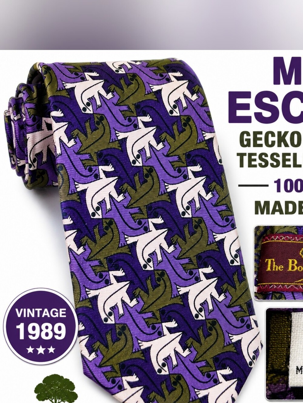Gecko Tessellation Silk Tie in Purple, Olive & White